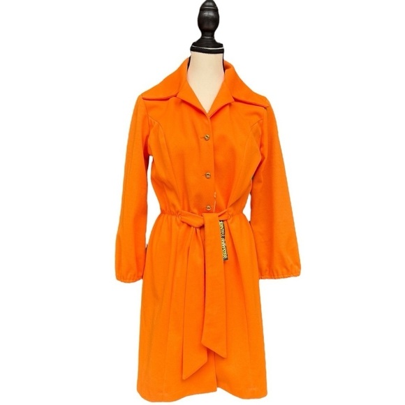 70s Bright Orange Quintess Polyester Dagger Collar Dress with Belt, Deadstock - Picture 1 of 11